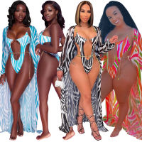 Swimsuit And Cover Up Sets y Women Swimwear Beach Wear Striped Print V-Neck Bandage Chain Bikini Set+Cover Up Two Piece Set