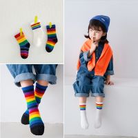 【jw】◎❍ஐ  3 pairs of new pure 1-12 year old childrens socks combed rainbow mid tidal striped baby s