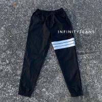 InfinityJeansจ๊อกเกอร์ผ้าเวสปอยดำ แต่งแถบ เอวยางยืด