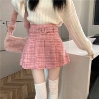 New Korean Style Tweed Pleated High Waist Mini Skirts Y2k Clothes Women 39;s Skirt Spring Autumn Women Retro with Belt