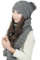 Womens Winter Knitted Scarf and Hat Set Thicken Skullcaps-gray