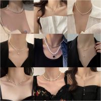 MIAOYA Fashion Jewelry Shop สร้อยคอมุกสไตล์บาร็อคสำหรับสุภาพสตรี จี้โลหะรูปหัวใจสำหรับนักเรียน ของขวัญวันเกิดที่สวยหรู