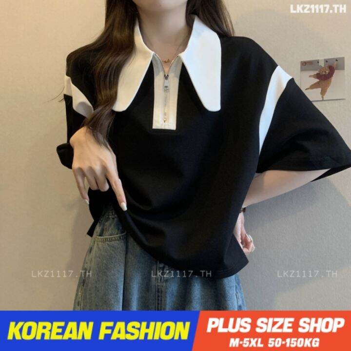 plus-size-เสื้อผ้าสาวอวบ-เสื้อยืดสาวอวบอ้วน-ไซส์ใหญ่-ผู้หญิง-เสื้อโปโล-ทรงหลวม-แขนสั้น-คอปก-สีดำ-ฤดูร้อน-สไตล์เกาหลีแฟชั่น-v728