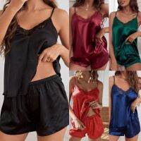 【LZ】✥  Mulheres Sexy Lingerie Cetim Pijama Rendas Patchwork Cetim Seda Spaghetti Strap Solid Shorts Set Soft Comfort Pijamas Set