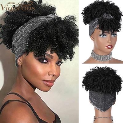【jw】◇▣  MONIXI Synthetic Curly Headband Wigs Short Kinky Wig with Bangs Afro Puff for Wrap