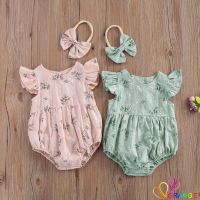 COD ■♝ The Outline Shop27dgsd6gfd ORD7-0-24 Months Baby Romper with Headband Floral Print Round Collar Fly Sleeve Bodysuit Hair Band for Girls Pink/Green