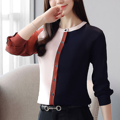 Womens Tops And Blouses New Splice Color 2021 O Neck Chiffon Long Sleeves Blusas feminina Office Women Blouse Shirts 631F