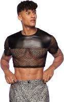 WDIRARA Mens Fishnet PU Leather Mesh T Shirts Round Neck Short Sleeve Crop Tee Top