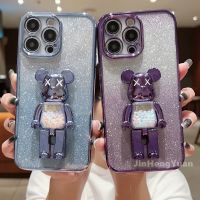 Suitable For Gradient Glitter Violence Bear Stand Plating Case for Iphone 14 13 12 11 Pro Max 14plus X XS XR MAX with Camera Lens Film Fall Proof Back Cover