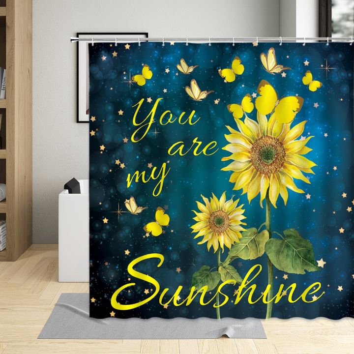 butterfly-sunflower-shower-curtains-nature-yellow-flowers-creative-grey-wooden-board-rural-plant-polyester-fabric-bathroom-decor