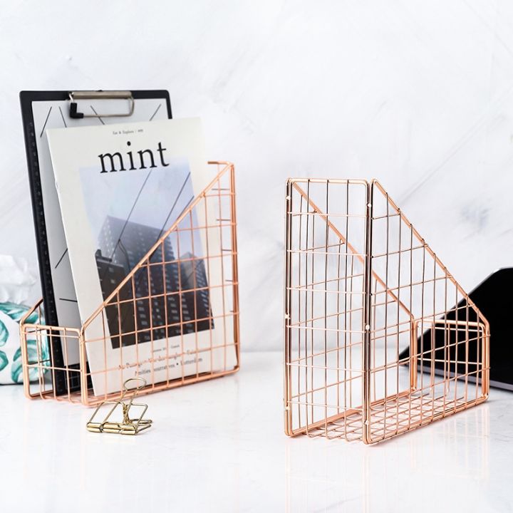 3x-rose-gold-electroplated-iron-book-holder-desktop-shelf-file-magazine-book-stand-office-home-stationery-holder