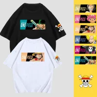 (พิมพ์พรีเมี่ยม)One Piece ร่วมเสื้อยืดลูฟี่อะนิเมะผู้ชายและผู้หญิงคู่แขนสั้นหลวมฤดูร้อนน้ำแบรนด์