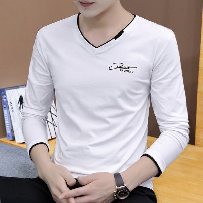 [COD] new mens long-sleeved t-shirt solid top V-neck T-shirt casual bottoming