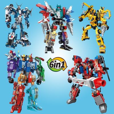 6 In 1 Transforming Robot Building Blocks Kits DIY Construction Vehicle Car Assembly Action Figure Bricks Toys For Children Gift
