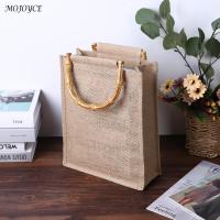 Women Linen Tote Bags with Bamboo Handle Handbag Reusable for Crafts Grocery Shopping Gift Packaging Supplies