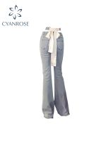 Y2k Blue Flare Jeans E Girl Style Sexy Hollow Out Strechy Bandage Trousers 2022 New Women High Waist Harajuku Floor-Length Pants