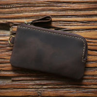 LEACOOL Genuine Leather Men Key Wallet Zipper Housekeeper Key Pouch Holder Keychain Crazy Horse Coin Purse Card Holder