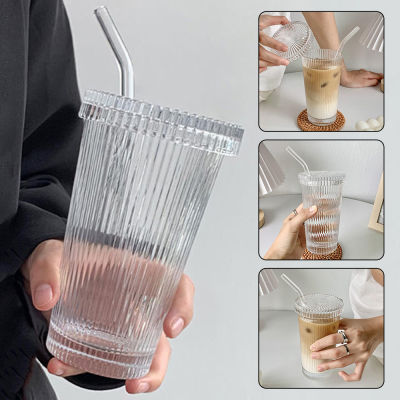 แก้วใสลายแนวตั้งแบบคลาสสิกถ้วยมีฝาปิดแก้วกาแฟยางสำหรับน้ำผลไม้ช็อกโกแลตนมลาเต้