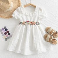 Summer Girls Casual Dresses Cute Pleated Collar with Floral Belt Princess Dress Fashion Childrens Clothing Sweet Kids Clothes  by Hs2023