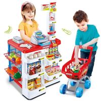 New Childrens Simulation Supermarket Vending Counter Shopping Cart Combination Set Playhouse Supermarket Scan Cash Register Toy