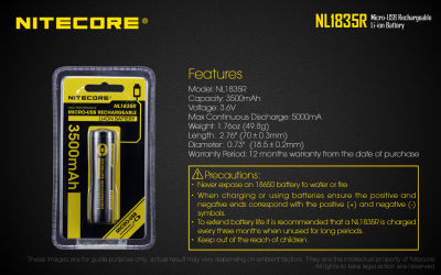 Nitecore ถ่านชาร์จ NL1835R ชาร์จตรงผ่าน USB 3.6V ของแท้ แพค 1 ก้อน