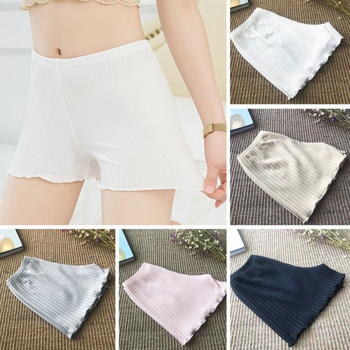 ladies-women-summer-safety-pants-thread-ribbed-striped-seamless-stretchy-underpants-solid-color-ruffle-agaric-hem-boxer-shorts