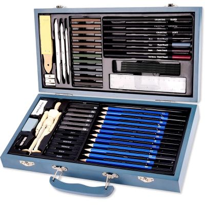 60Pcs/Set Professional Sketch Pencil Charcoal Brush Wooden Box Sketch Tools Wooden Man Ruler Drawing Painting Set Art Supplies