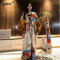 WINYI 2023ใหม่พิมพ์ Self Belted ชุดผู้หญิงฤดูร้อนวันหยุด Bubble Sleeve Cardigan Beach สวมชุดว่ายน้ำ Cover Up Kimono