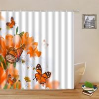 3D Digital Printing Resistant Waterproof Bathroom Shower Curtain Flowers Butterfly Shower Curtains White Orange Beautiful Creativity Bathroom Decor Fabric Bath Hanging Curtain Sets With Hooks