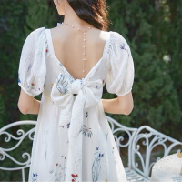 Casual Backless Elegant Dress Women Summer 2021 Print Sweet Beach Sexy Party Midi Dress Boho Puff Sleeve Korean Fashion Clothing