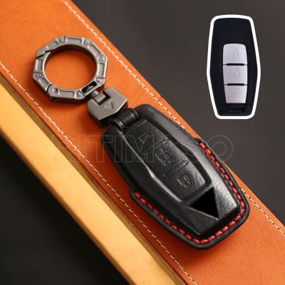 npuh 2/3 Buttons Leather Car Key Fobs Case Cover Keychain for Mitsubishi Outlander 2022 2023 Accessories Car Smart Remote Key Shell