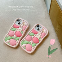 เคสซิลิโคนนุ่มเหลวสำหรับ IPhone 12 13 14 Pro Max เคสด้านหลังลายการ์ตูนน่ารักดอกทิวลิปกระต่ายสำหรับ IPhone 14 Pro เคสโทรศัพท์กันกระแทกสำหรับนักเรียนชายหญิง