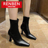 RENBEN Sepatu BOOT Pendek ส้นสูงสีดำสำหรับผู้หญิง,Bot Modis ส้นเข็มทรงสี่เหลี่ยมขนาดเล็กทำจากหนัง