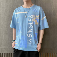 เสื้อยืดแขนสั้นผู้ชายเสื้อครึ่งแขนแบบหลวมคอกลมผ้าไอซ์ซิลค์สำหรับฤดูร้อน2023ผ้าพิมพ์ลาย