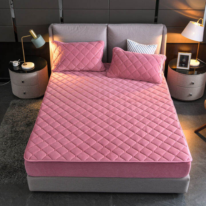 Plush Thicken Quilted Mattress Cover Warm Soft Crystal Velvet Bed ...