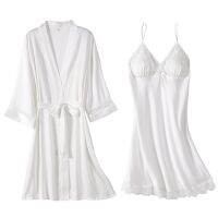 【LZ】△☌  Branco noiva dama de honra Wedding Robe Set para mulheres pijamas camisola quimono verão vestido Sexy dormir camisola solto Homewear