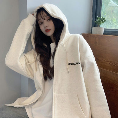 Women Korean Version Loose Hoodies Long Sleeve Zipper Solid Sweatshirts Female Thin Harajuku Hooded Coat Top