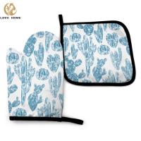 Blue Cactus Oven Mitt and Pot holder Set Heat Resistant Non Slip Kitchen Gloves with Inner Cotton Layer for Cooking BBQ Baking