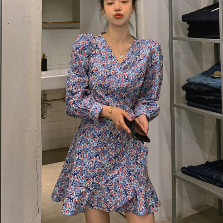 2021Printed Floral Vintage Dress Women Long Sleeve Korean Elegant Female Boho Beach Chiffon Mini Dresses 2021 Autumn Roupa Feminina