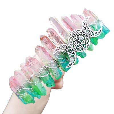 Boho กลวงออกโบราณดวงจันทร์มงกุฎคาดศีรษะที่ทำด้วยมือที่มีสีสันควอตซ์คริสตัล T Iara ผมห่วงเจ้าสาวแต่งงาน Headdress