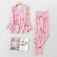 JULYS SONG Women Viscose Pajamas Set 2 Pieces Printing Cute Lady Long-sleeved Trousers Spring Autumn Striped Female Sleepwear