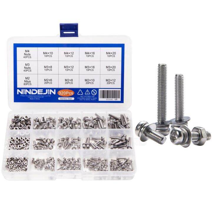 nindejin-320-pcs-m2-m3-m4-สกรูฟิลลิปสกรูหัวกระทะ-bolt-และ-nut-เครื่องซักผ้าสกรูชุดสกรูสแตนเลส