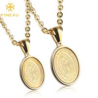 【CW】﹊✒▬  FINE4U N826 Gold Color Mary Medal Pendant Necklace for Women/Men Religious Jewelry