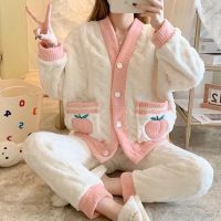 【JH】Autumn Winter Flannel Warm Pajamas Set Women Long Sleeve Home Suit Sleepwear Long Velvet Thicken Pyjamas Sets