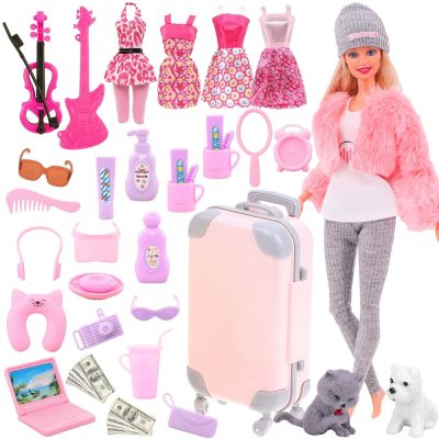 เสื้อผ้าตุ๊กตาบาร์บี้รองเท้าสีชมพู43ชิ้นของเล่น Kopor Perjalanan พอดีกับตุ๊กตาบาร์บี้18นิ้ว,1/6 BJD &amp; Blythe ของเล่นสำหรับเด็กผู้หญิง