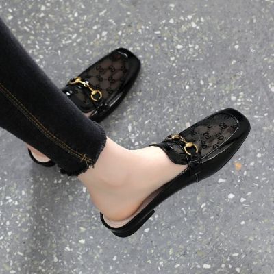 ◘ Hot Sale Genuine Leather Mesh Toe Cap Half Slippers Women Summer Outer Wear 2021 New Style Sandals Flat Patent Support Womens Shoes