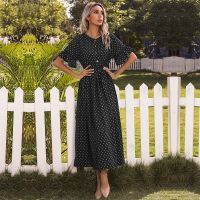 [COD] independent station cross-border foreign trade summer print round neck ruffled short-sleeved tie black polka-dot dress