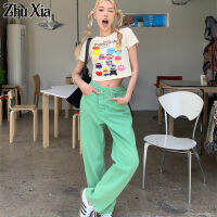 Zhu Xia เสื้อลายการ์ตูนกราฟฟิตี้บุคลิกภาพแบบอเมริกัน,เสื้อ Cewek Seksi เสื้อยืดสั้นหญิงสุดเท่ใส่ได้กับทุกชุด