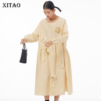 XITAO Dress Fashion Long Sleeve Three-dimensional Flowers Dress