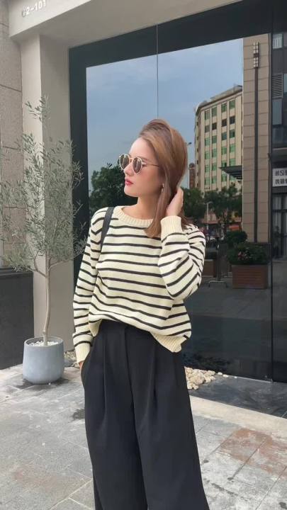 o-neck Black white stripe Loose Long sleeve sweaters 2022 women's sweater  female cotton chic female loose women's jumper pull